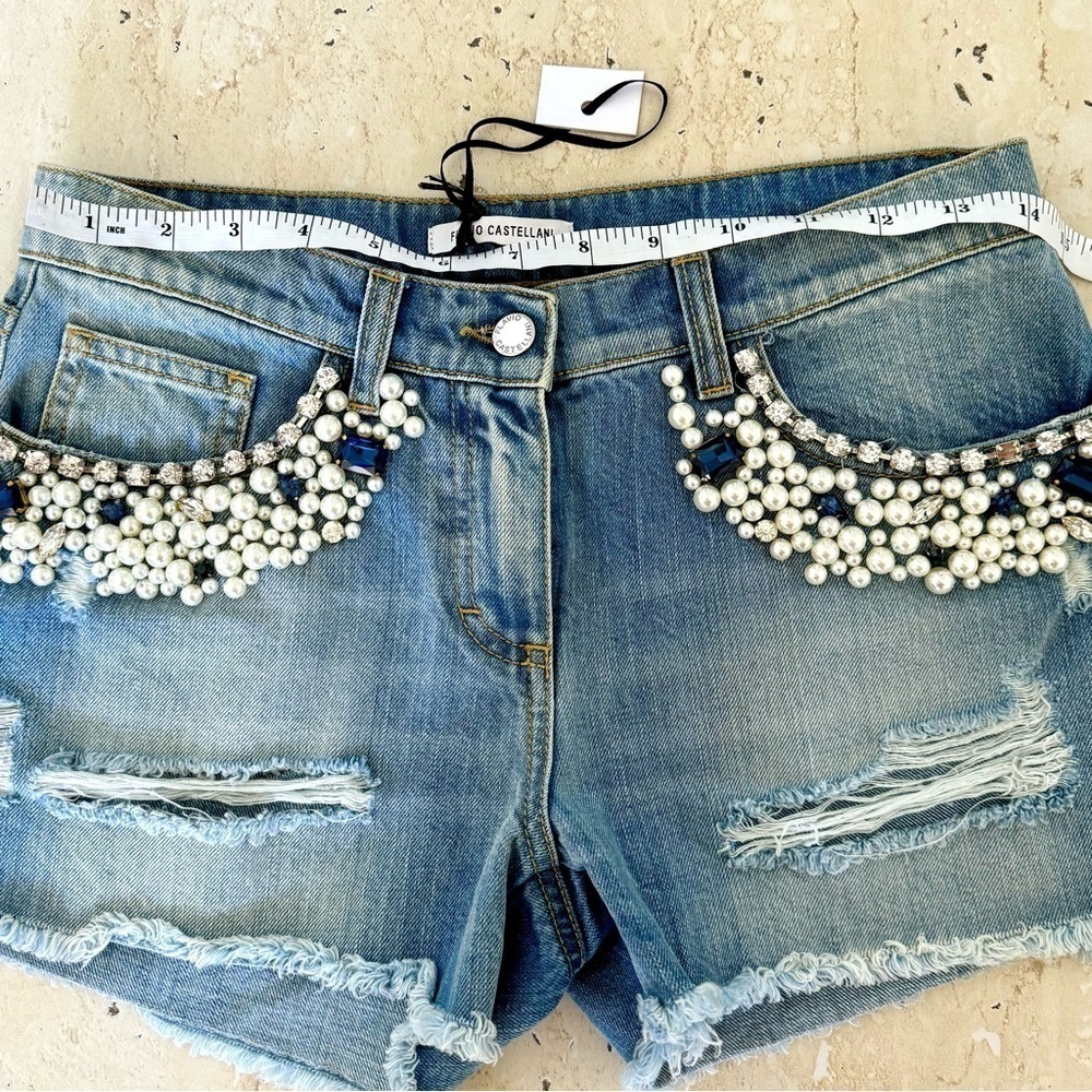New! Flavio Castellani Jeans Shorts, Size 40, Blue with Crystals/Pearls - Picture 9 of 11